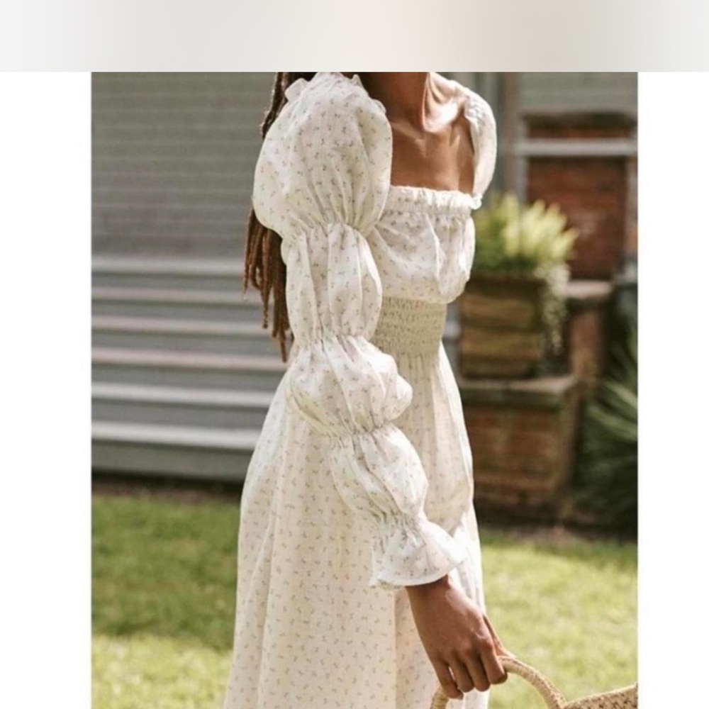 Smocked Waist White Floral Puff-Sleeve Midi Dress